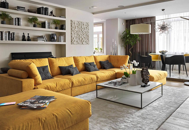 Современный бескаркасный диван Элизиум желтого цвета в гостиной